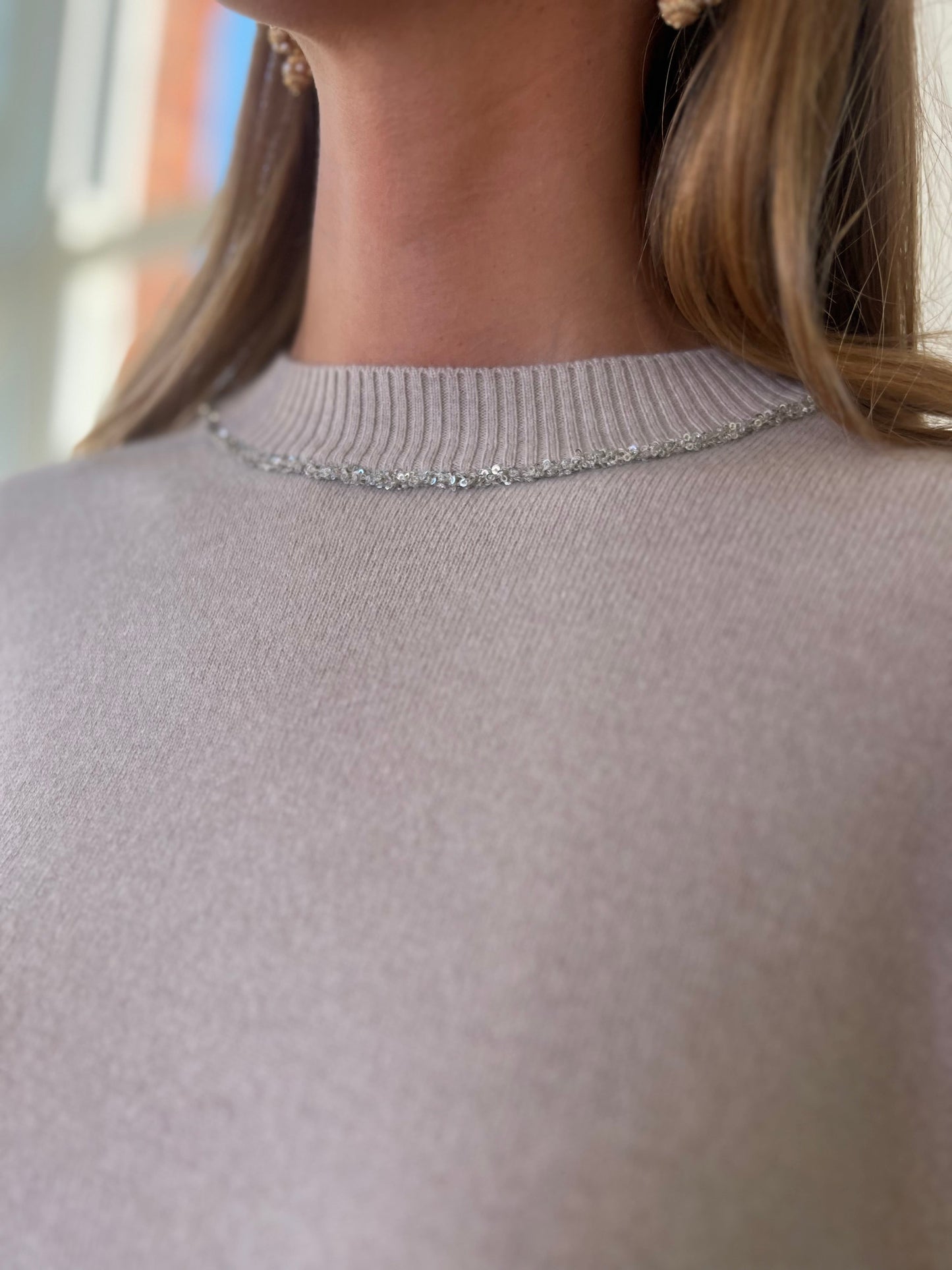 Light Beige Knit Sweater with Silver Beaded Detail around the Neck