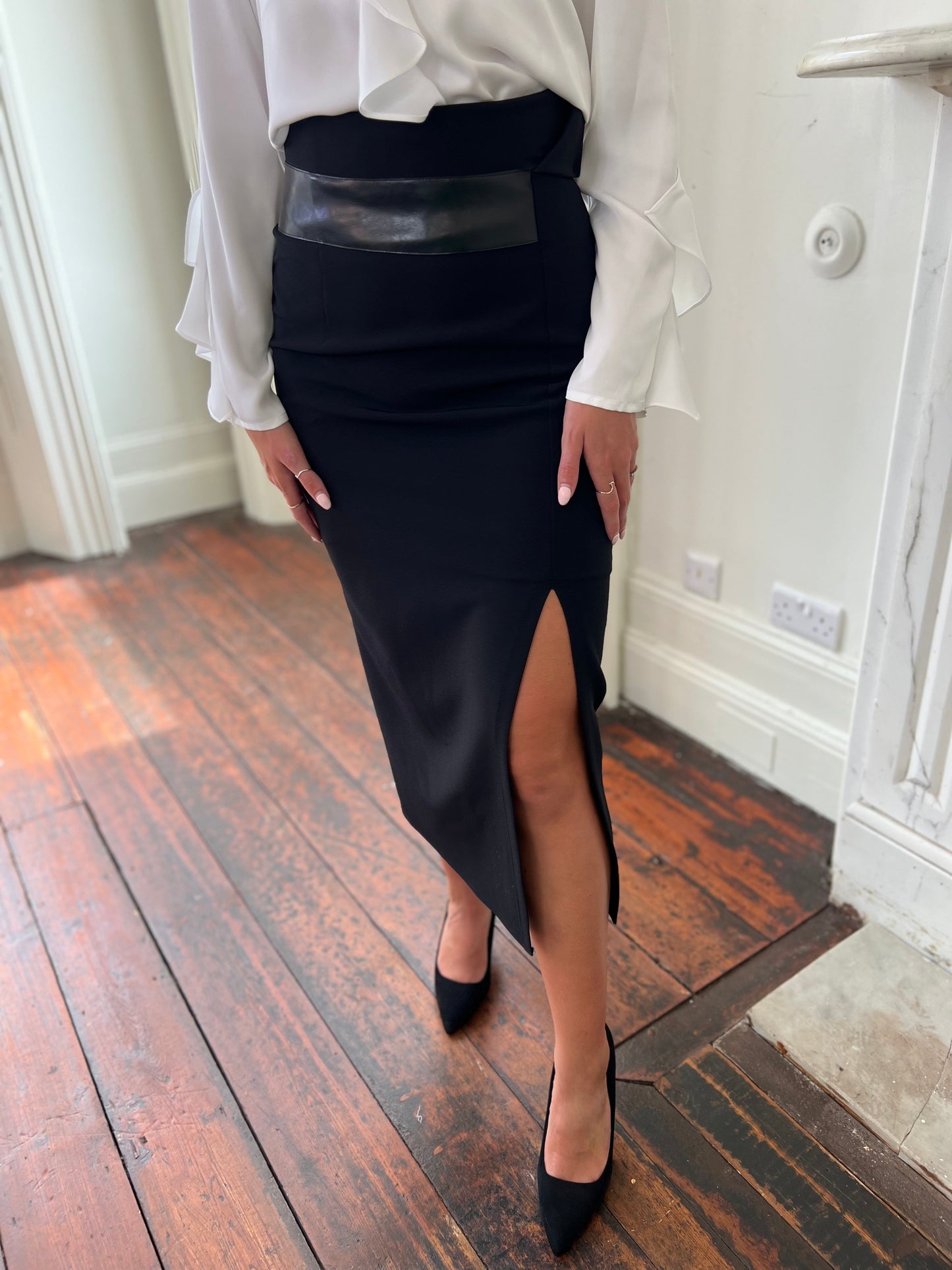 Long Fitted Black Skirt With Split And Leather Detail