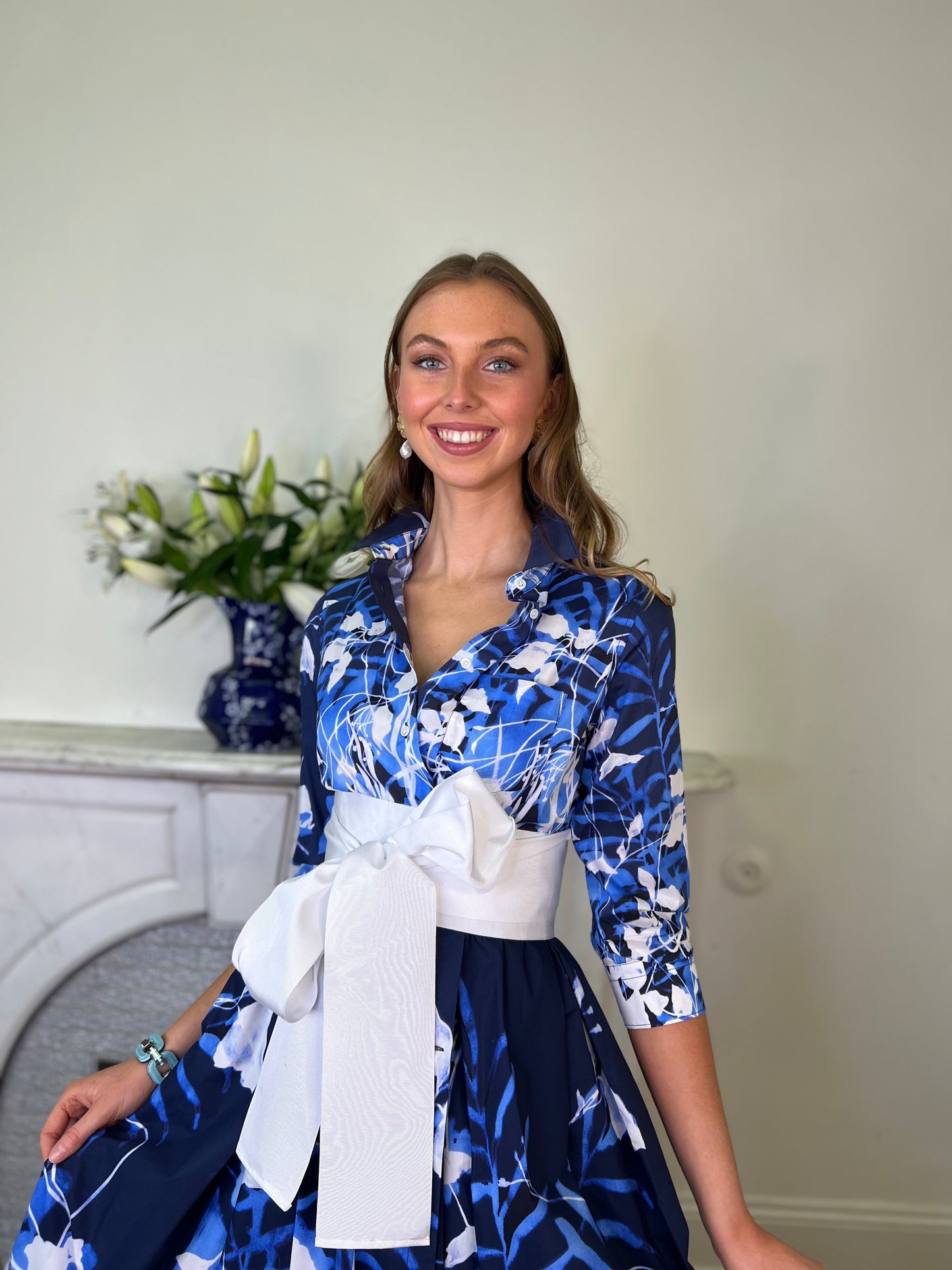 ElenaT Cobalt Blue Printed Poplin Cotton Shirt Dress with Off White Grosgrain Wrap Belt