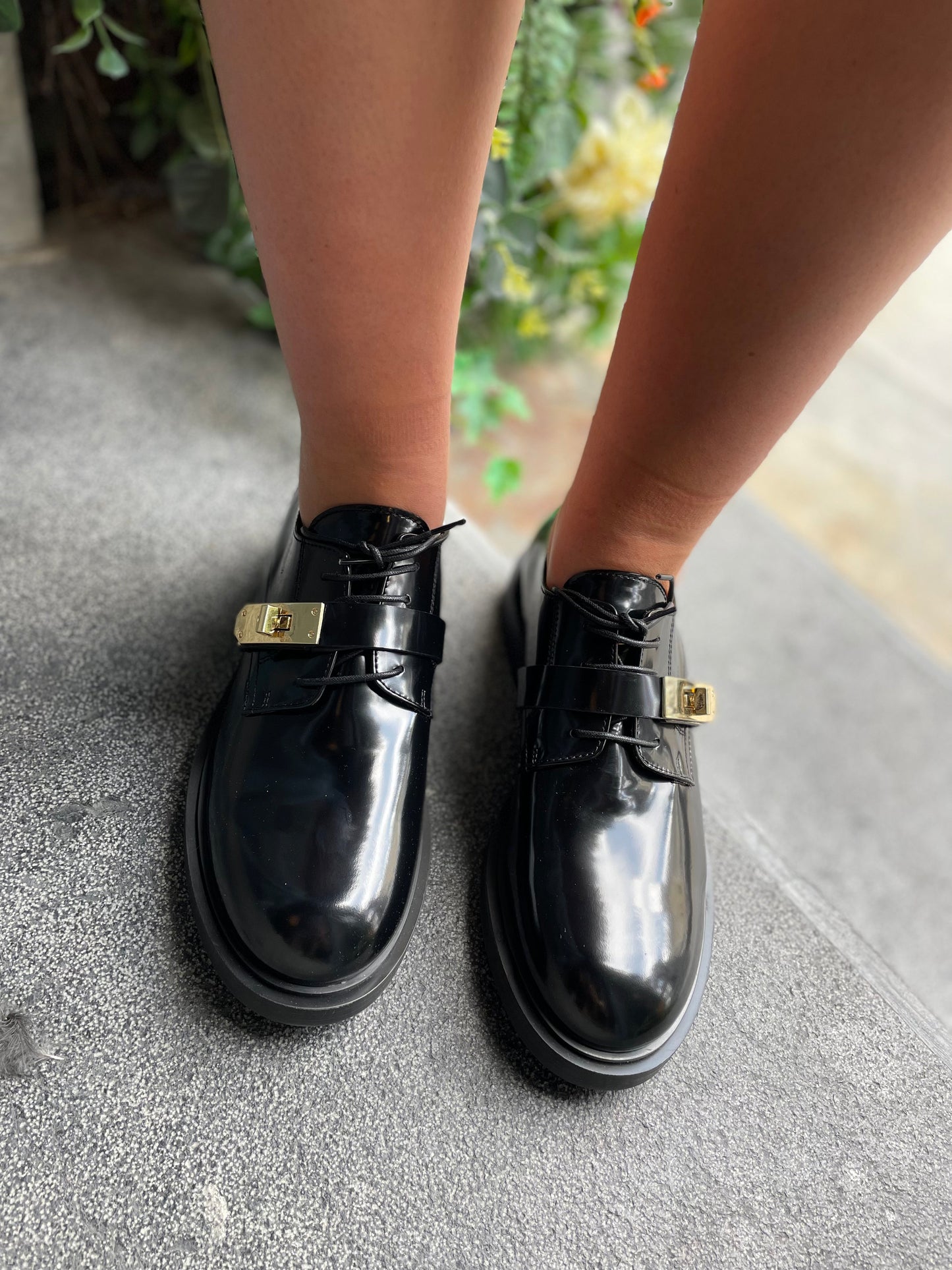 Black Patent Brogues with Gold Clasp