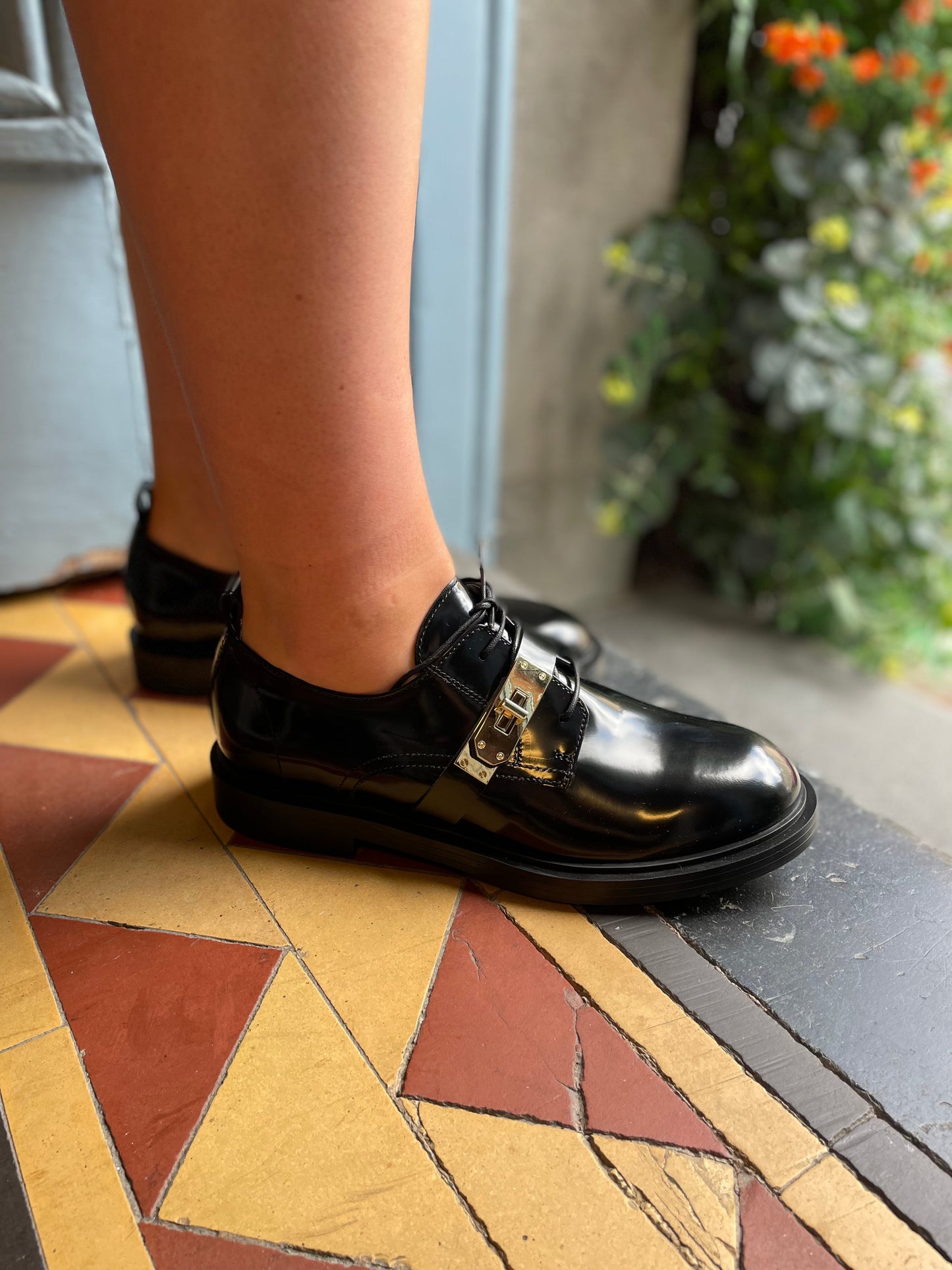 Black Patent Brogues with Gold Clasp