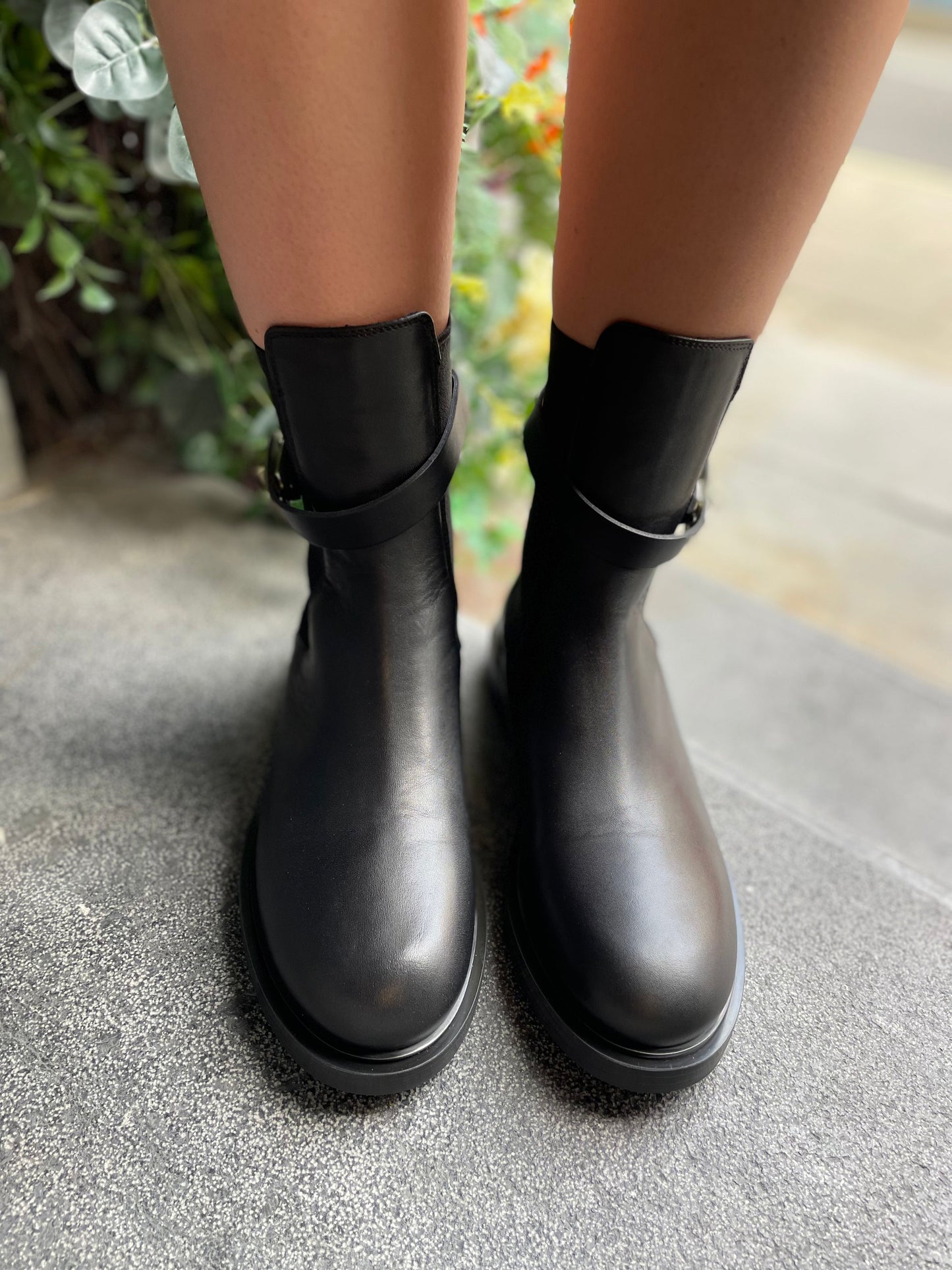 Black Leather Boots with Gold Clasp Detail