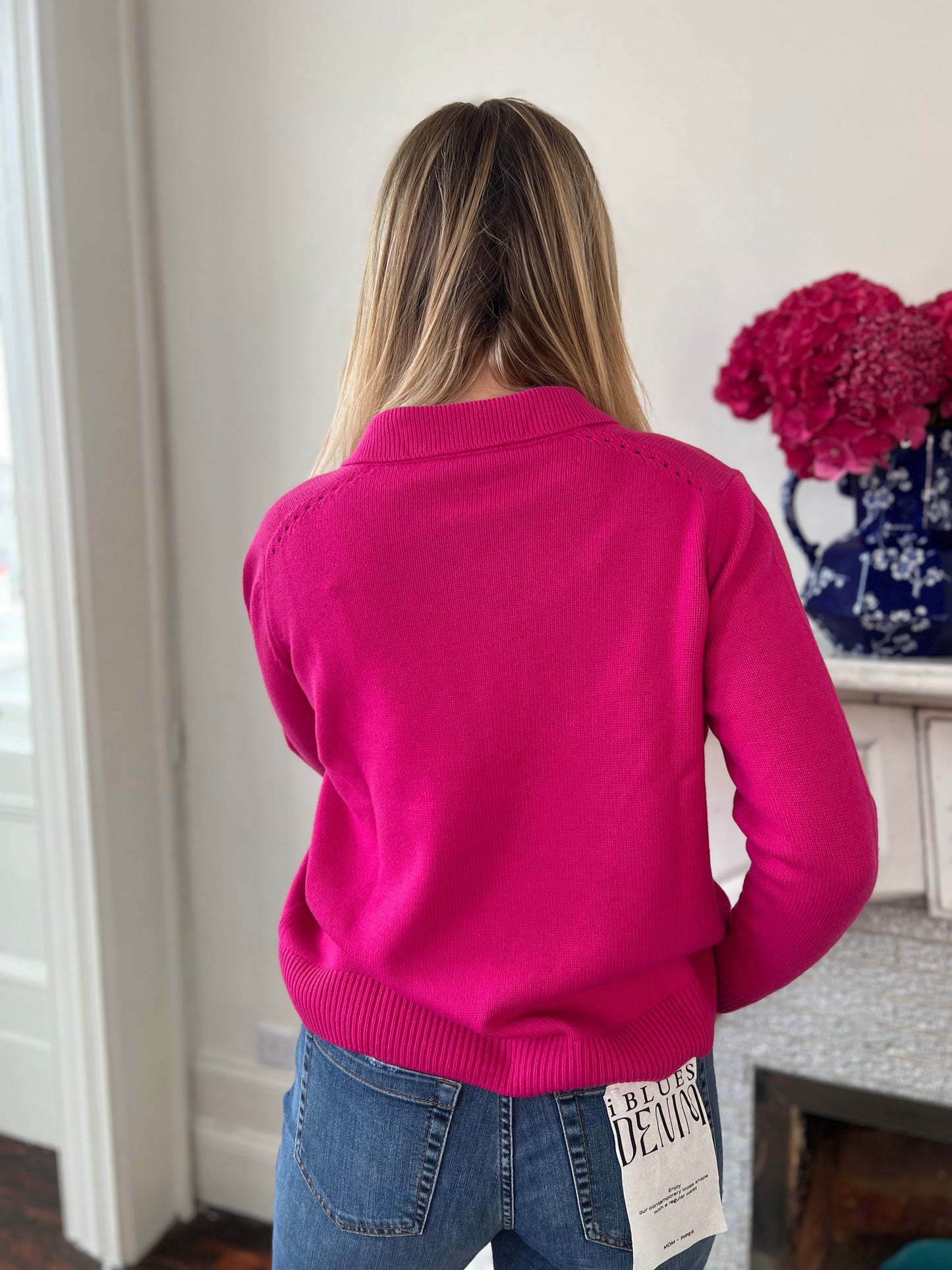 Cerise Pink Polo Wool Knit Sweater with Collar