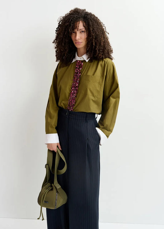 Gail Khaki Cotton Shirt with Embellishment