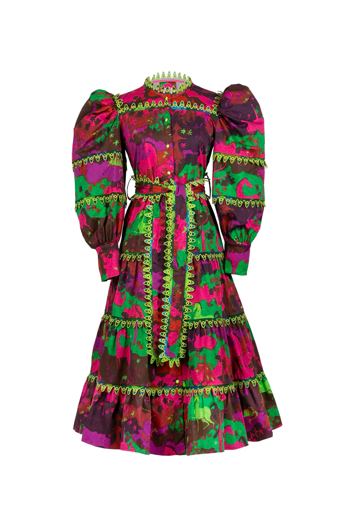 Hasu Burgundy Print Dress with Lime Trim & Also Forest Green