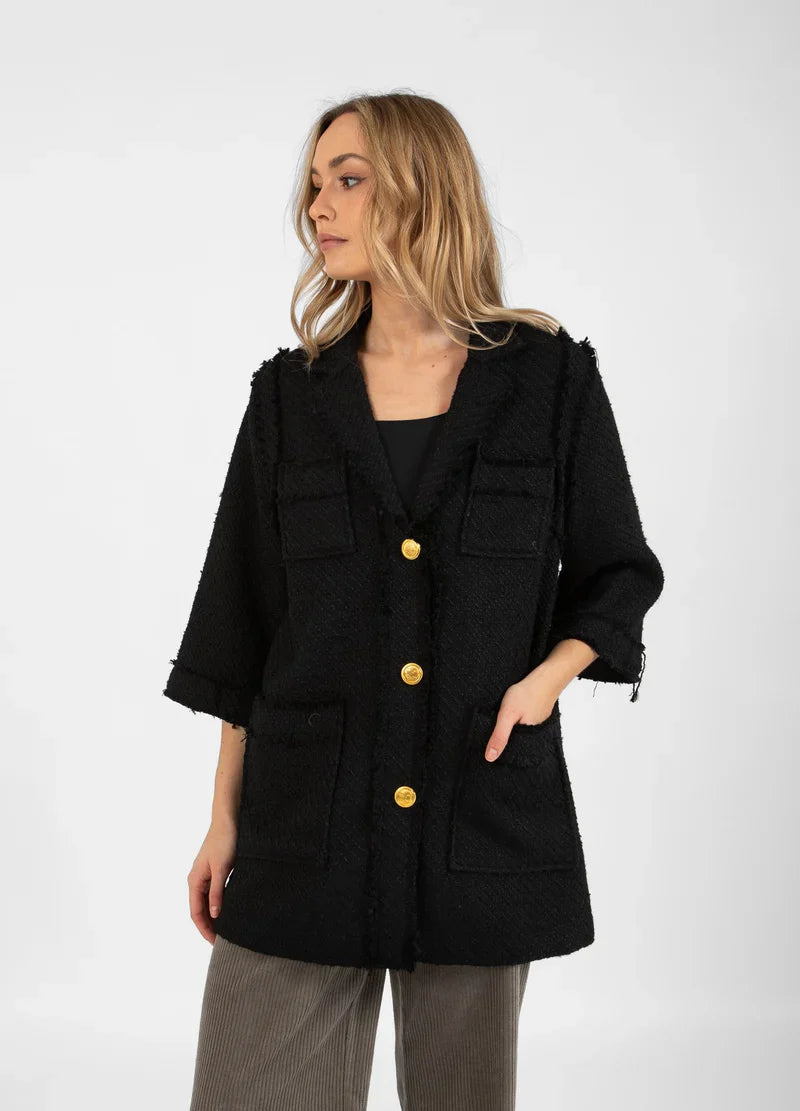 Black Long Boucle Jacket with Gold Buttons