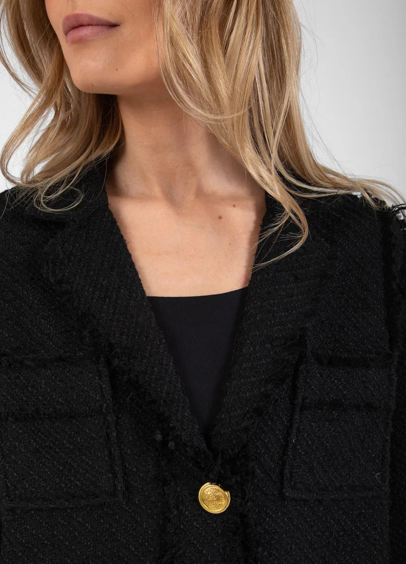 Black Long Boucle Jacket with Gold Buttons