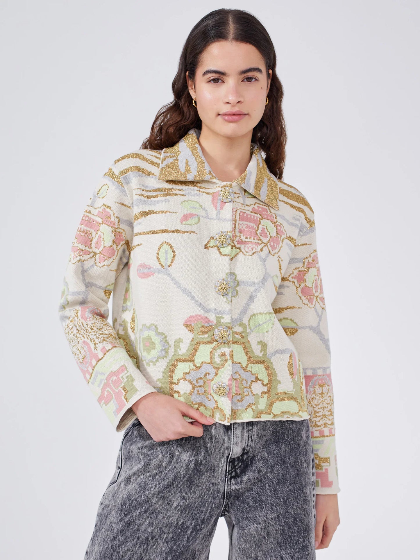 Lotus Carpet Cotton Jacquard Jacket in Ecru