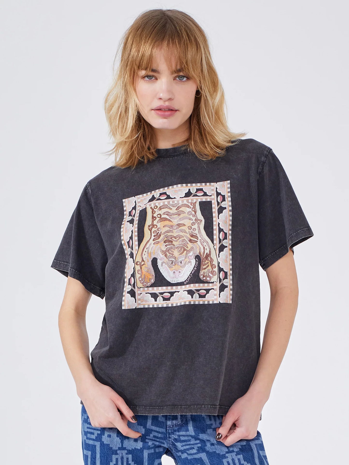 Lotus Tiger Printed T-Shirt in Acid Wash Grey