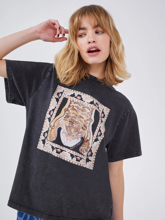 Lotus Tiger Printed T-Shirt in Acid Wash Grey