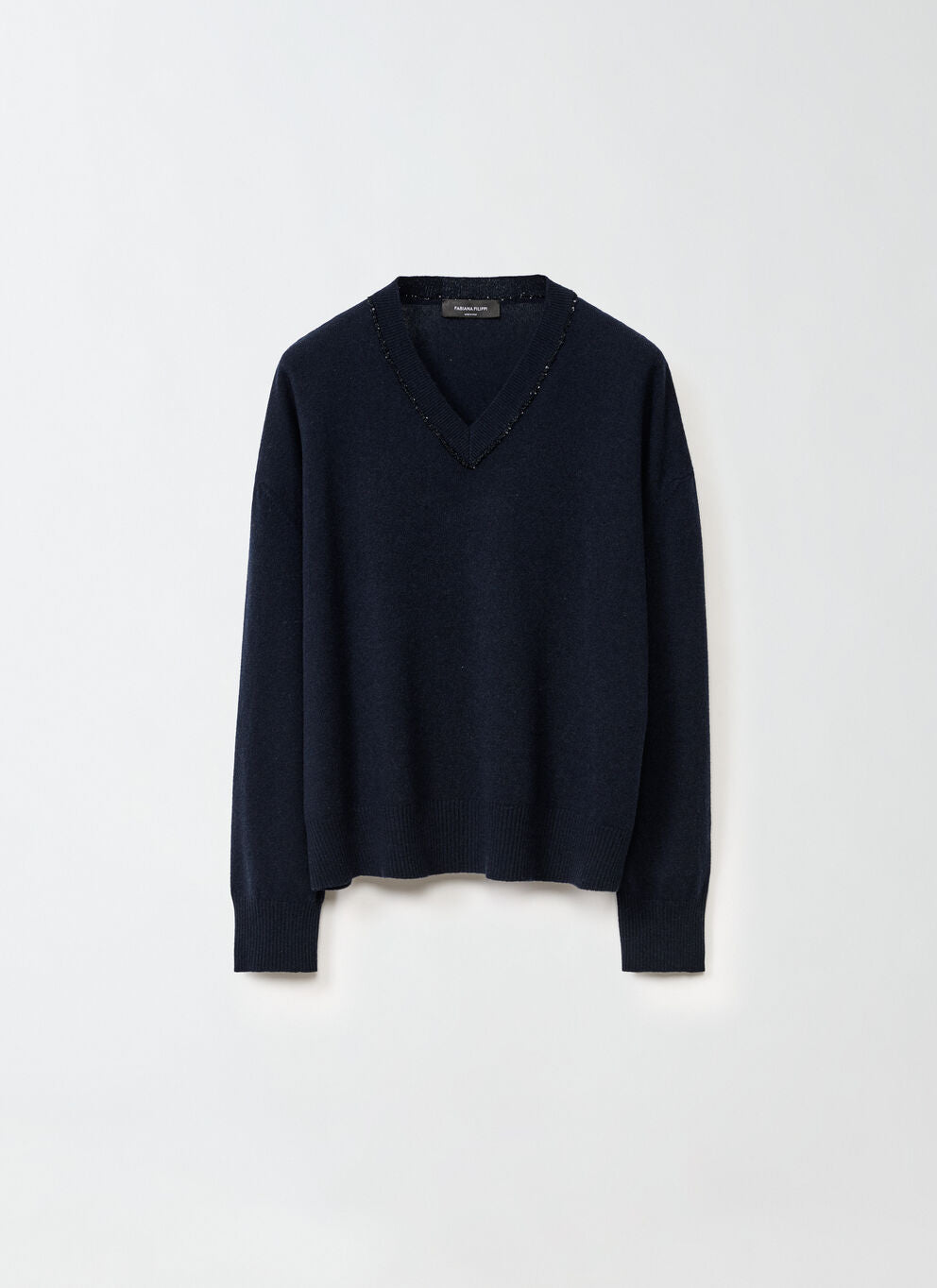 V Neck Relaxed Sweater with Sequince  Detail around Neck Available in Two Colours