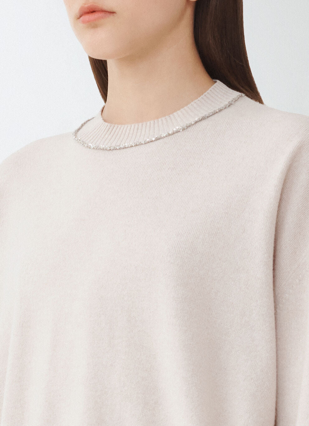 Light Beige Knit Sweater with Silver Beaded Detail around the Neck