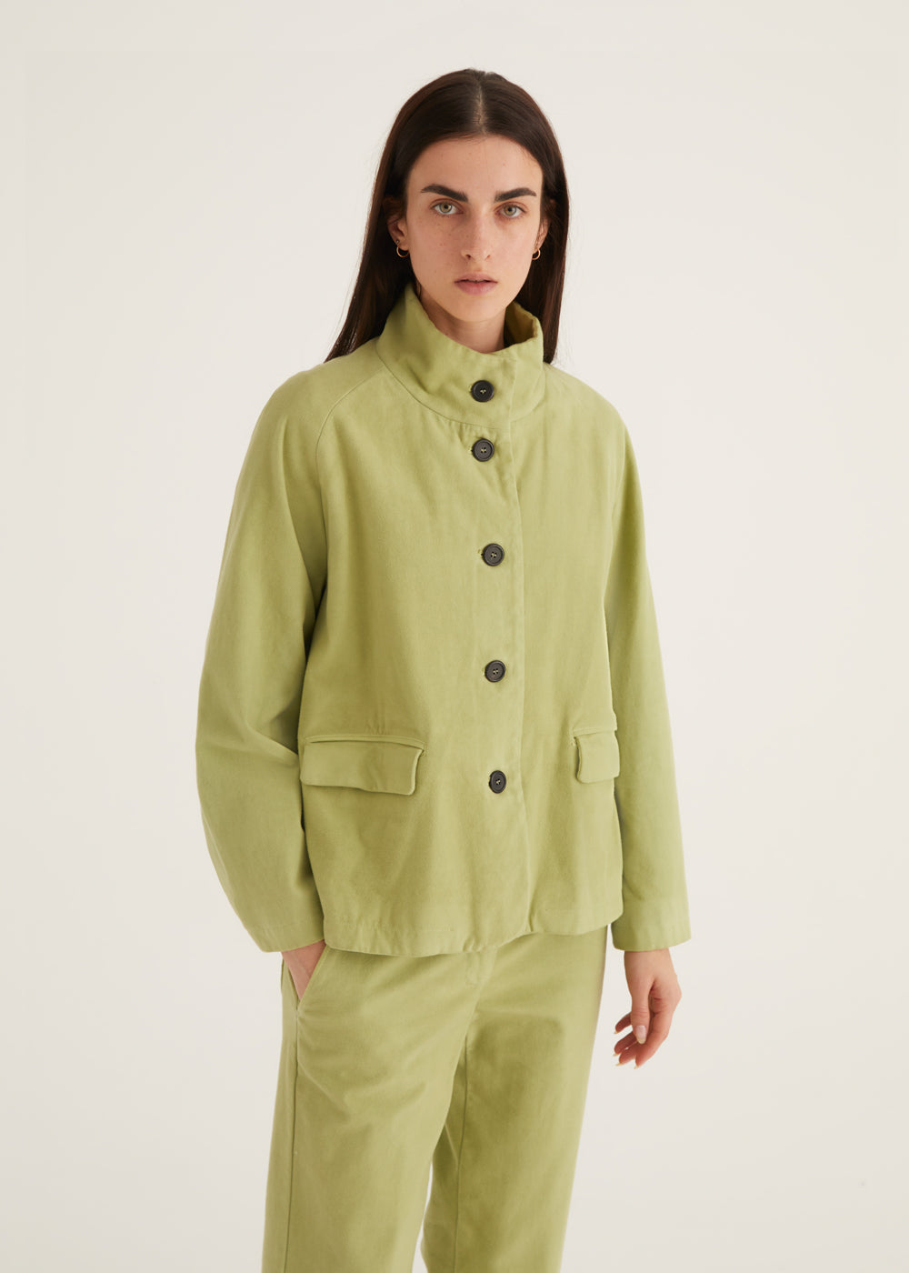 Relaxed Single Breasted Brushed Cotton Jacket in Lime Green