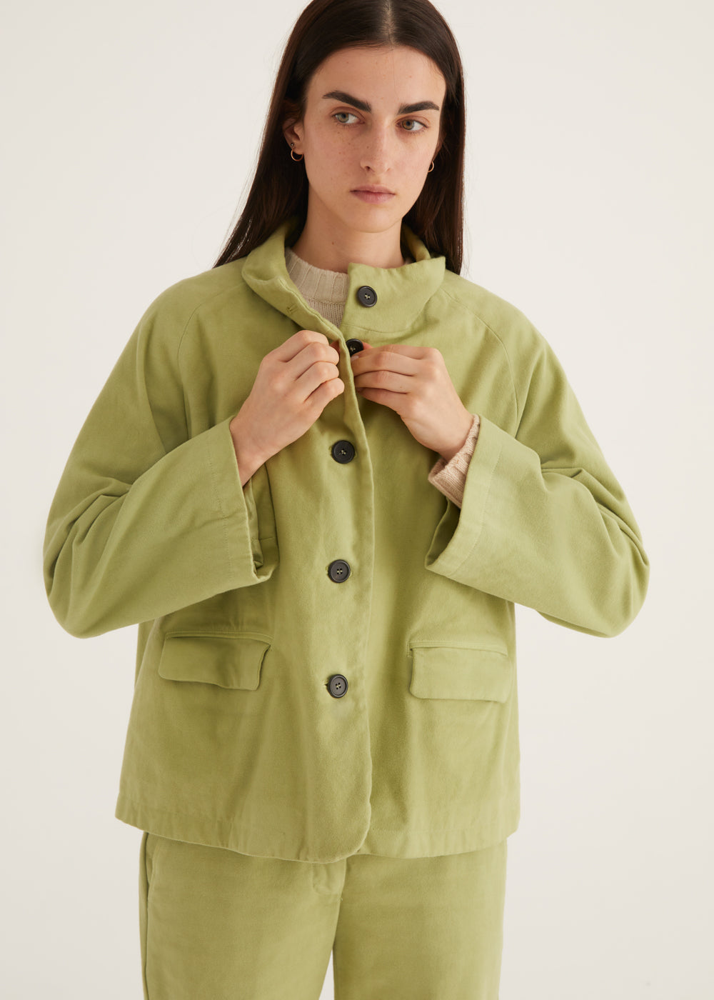 Relaxed Single Breasted Brushed Cotton Jacket in Lime Green