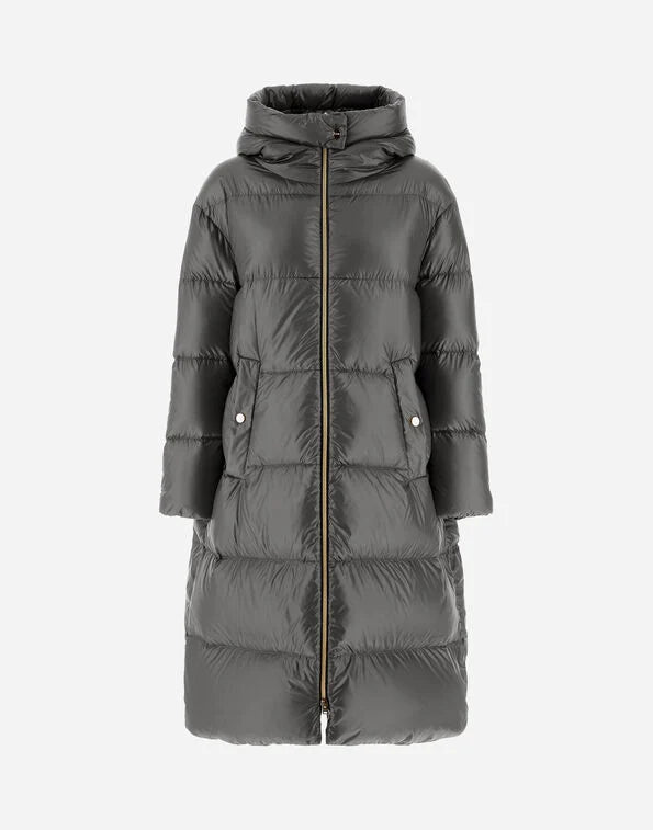 Long Down Quilted Ultra Light Coat with Hood Available in 2 Colours