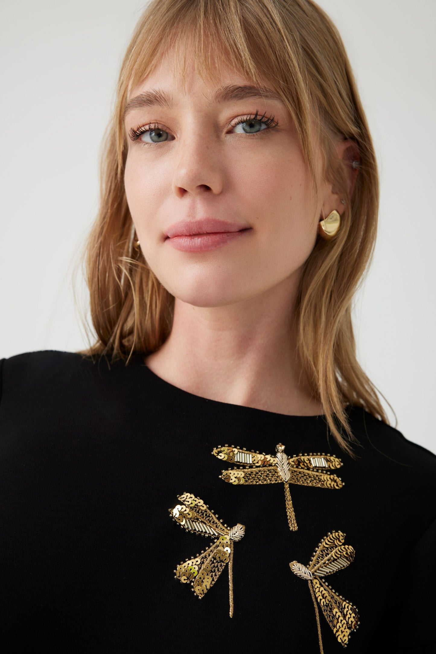 Alexandra Black Jersey  Dress with Gold Dragon Fly Embellishment