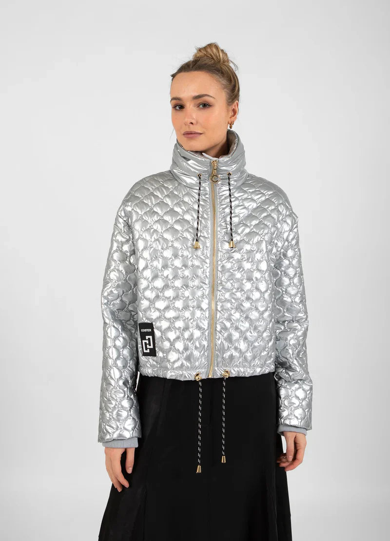 Silver Quilted Jacket With Gold Zip Detail