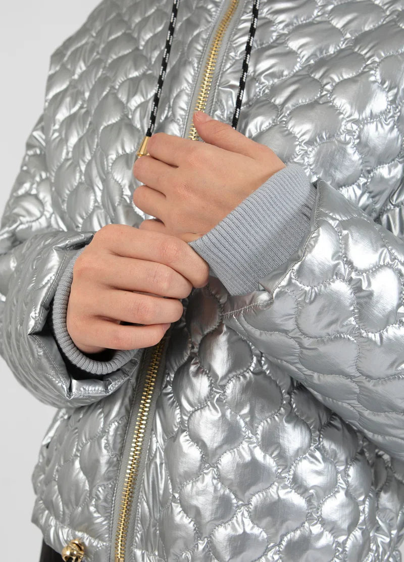 Silver Quilted Jacket With Gold Zip Detail