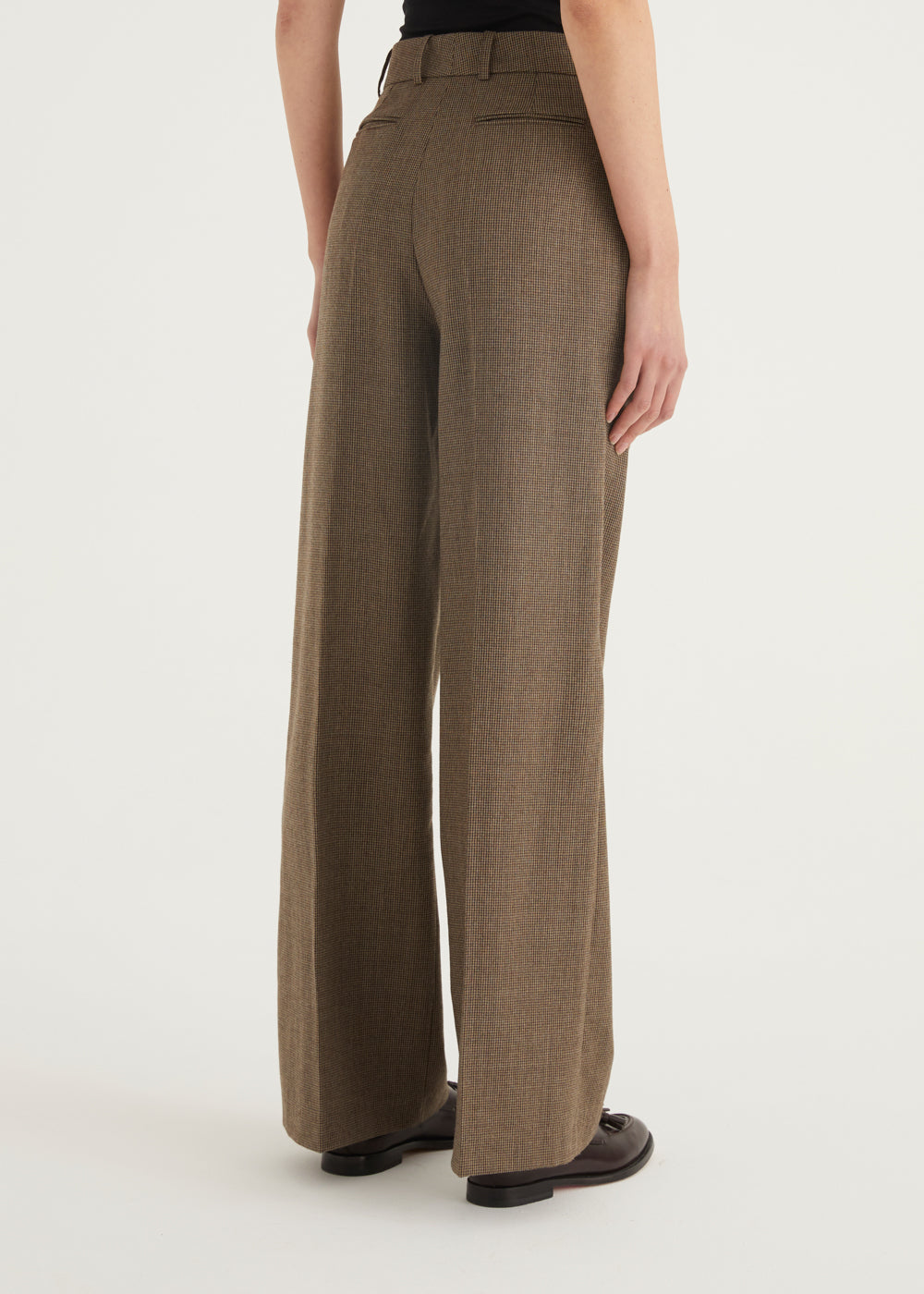 Wide Leg Trousers With Dart Pleats in Check Brown