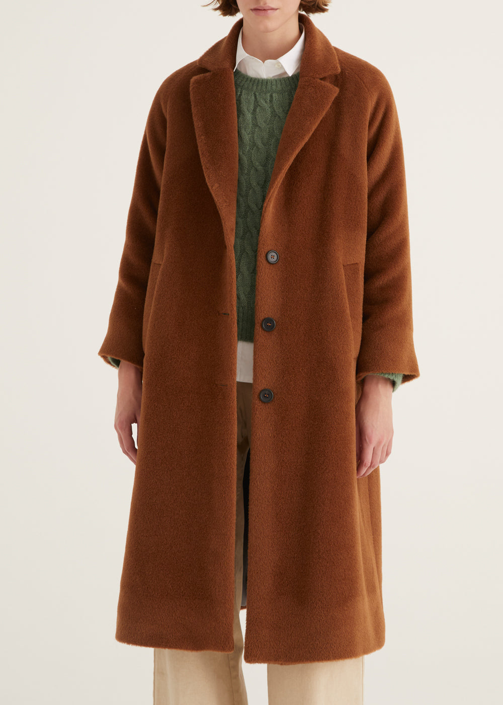 Wool and Alpaca Single Breasted Long Coat in Cinnamon