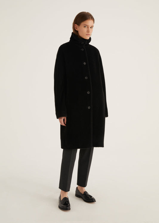 Wool and Alpaca  Single Breasted Black Coat with Stand Up Collar