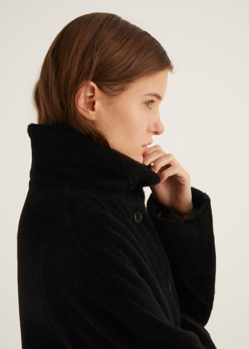 Wool and Alpaca  Single Breasted Black Coat with Stand Up Collar