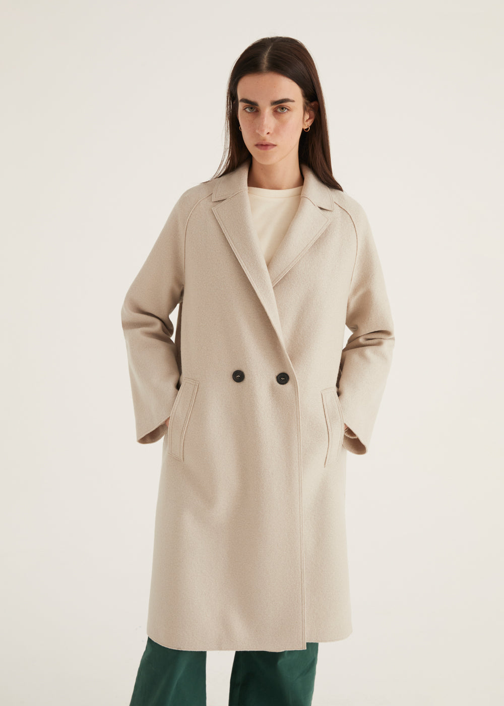 Rich Cream Double Breasted  Felt Wool Coat with Raw Edge