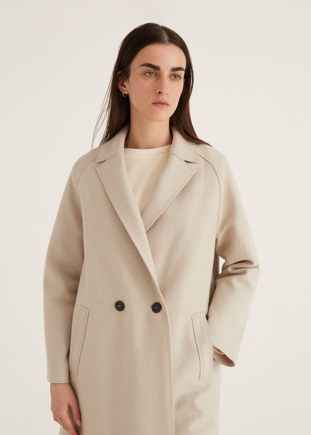 Rich Cream Double Breasted  Felt Wool Coat with Raw Edge