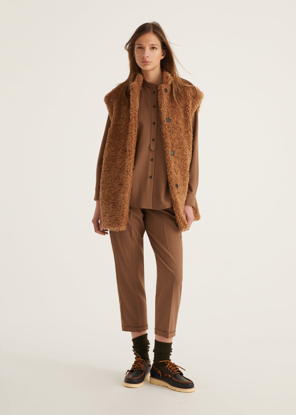 Wool mix Shirt with Mandarin Collar in Camel Brown