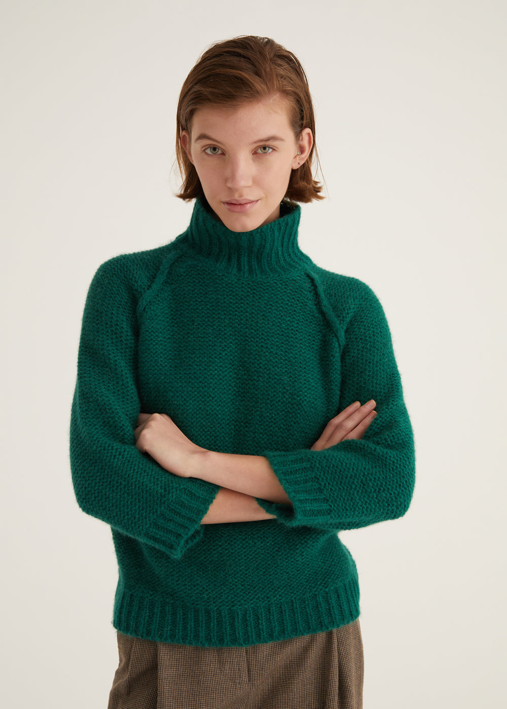 Forest Green wool Mix Polo Sweater with Raglan Sleeves