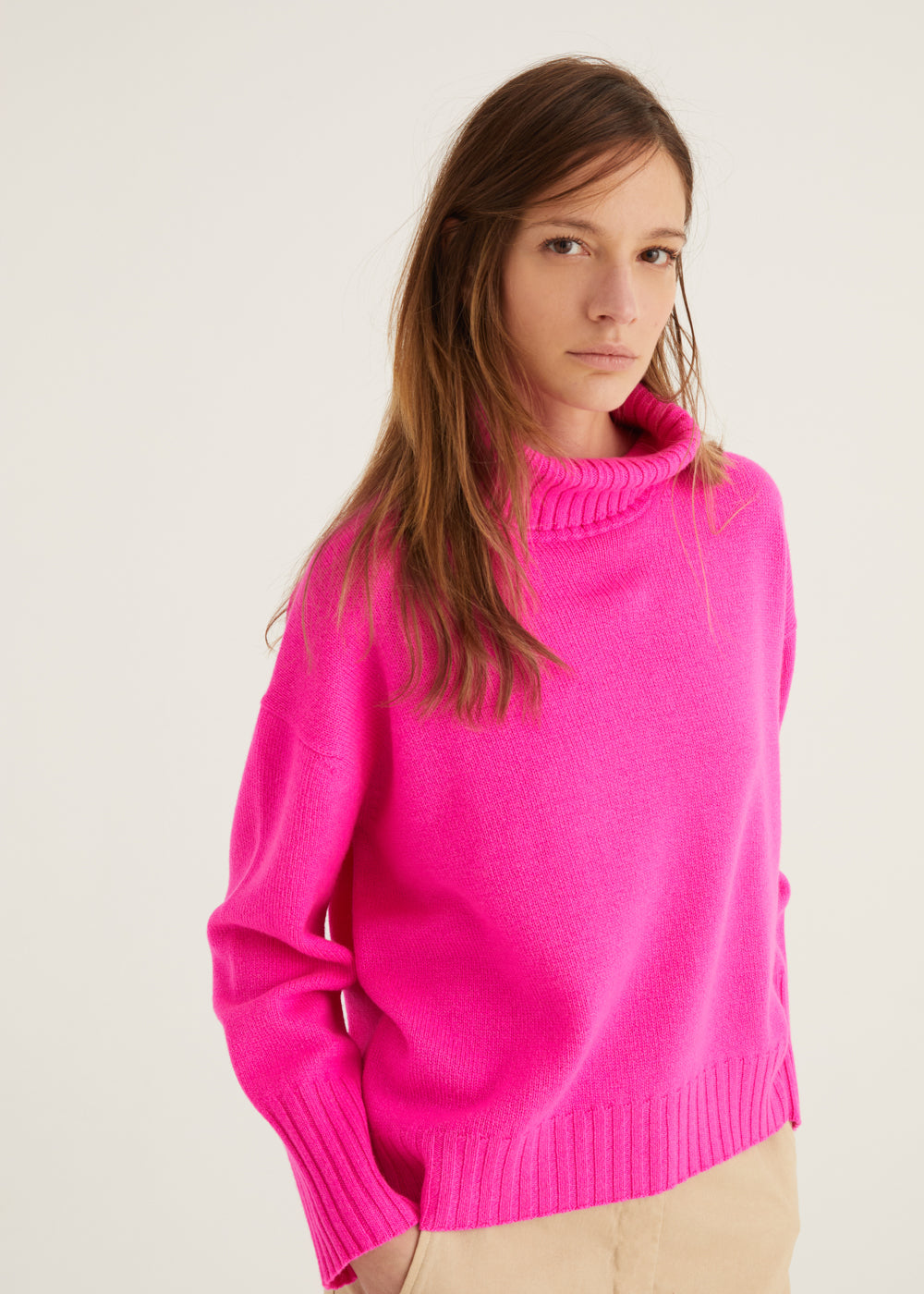 Oversized  Mock Net Wool Mix Jumper in Neon Pink