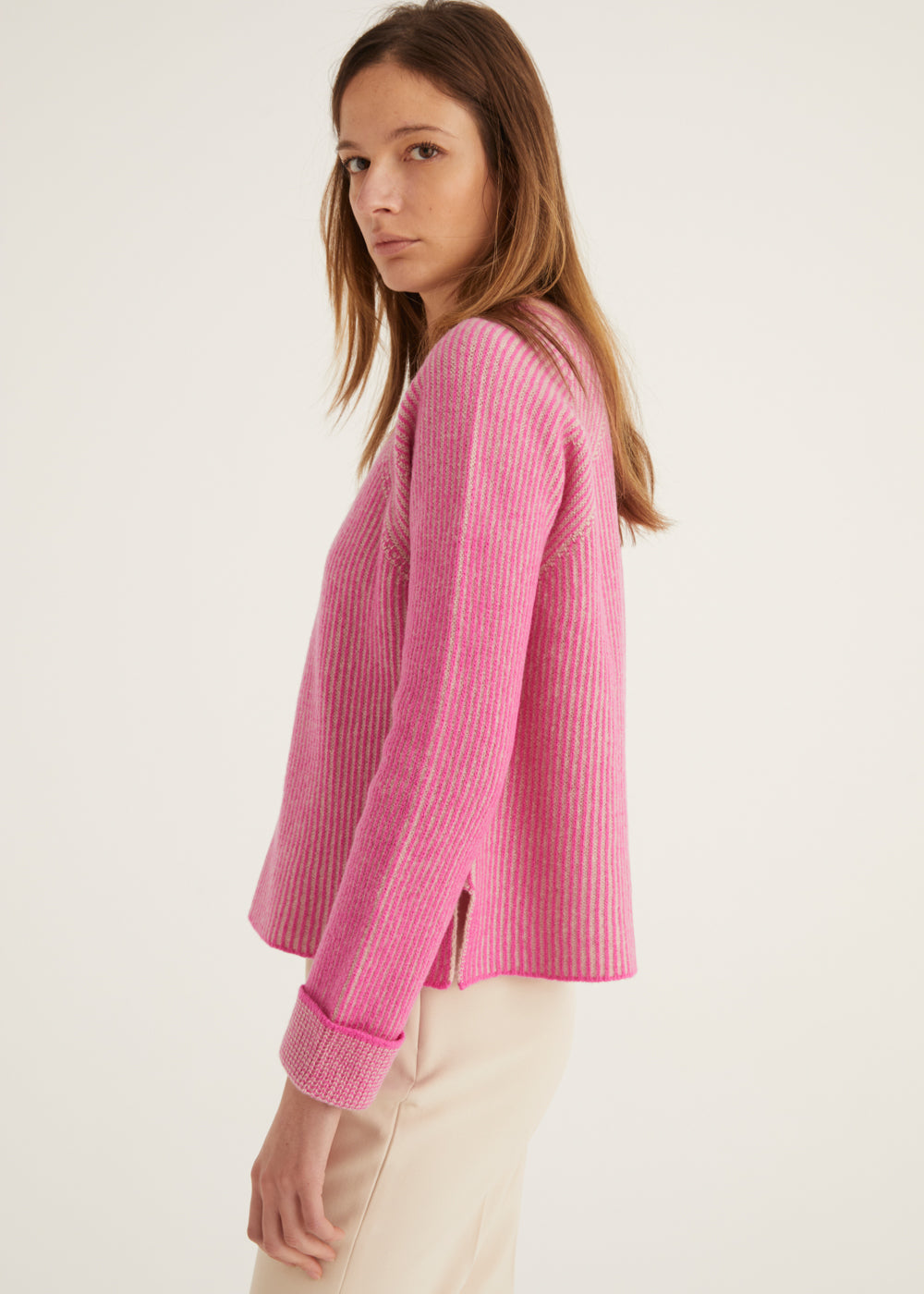 Pink Ribbed Knit Sweater with Raglan Sleeves