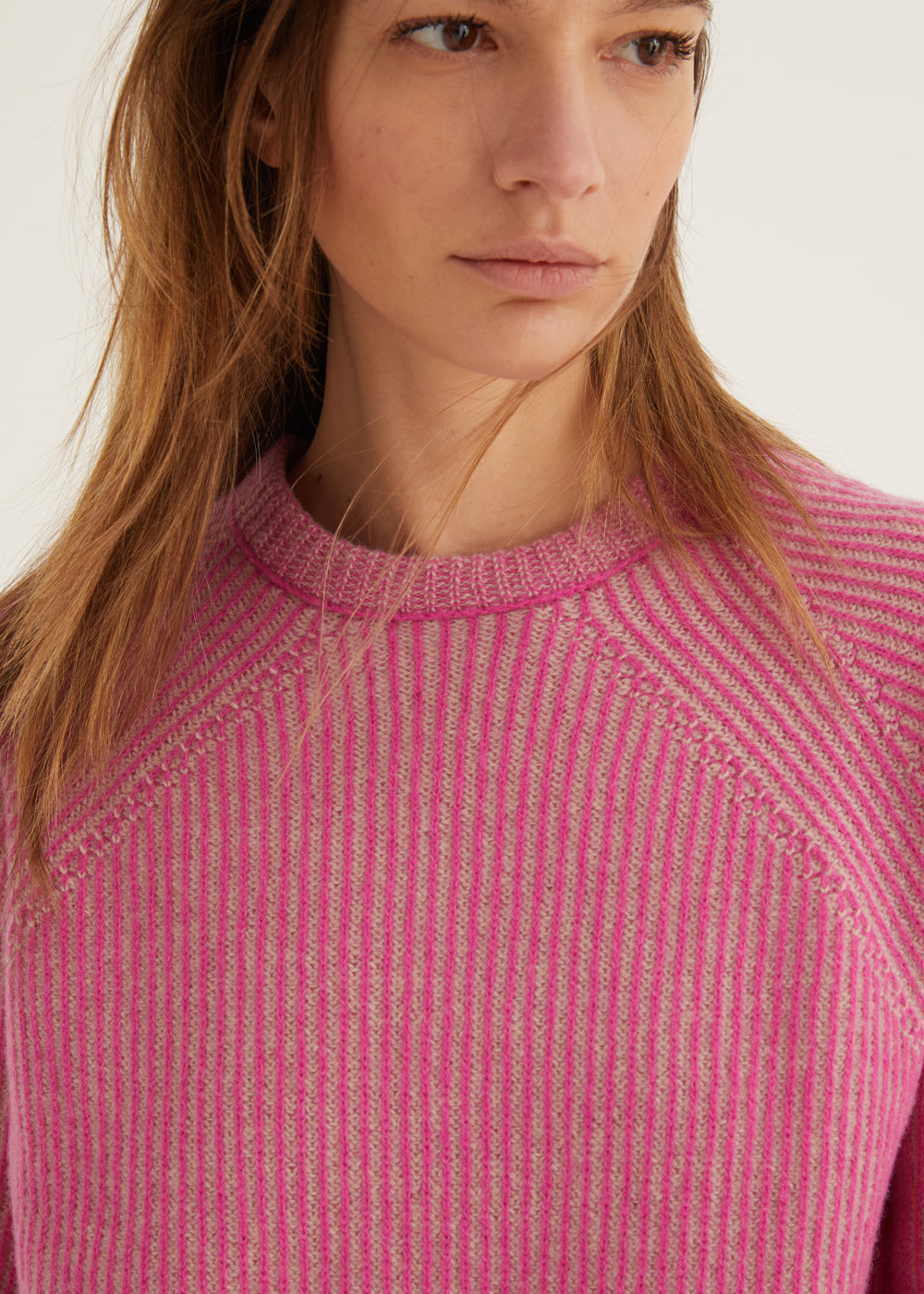 Pink Ribbed Knit Sweater with Raglan Sleeves