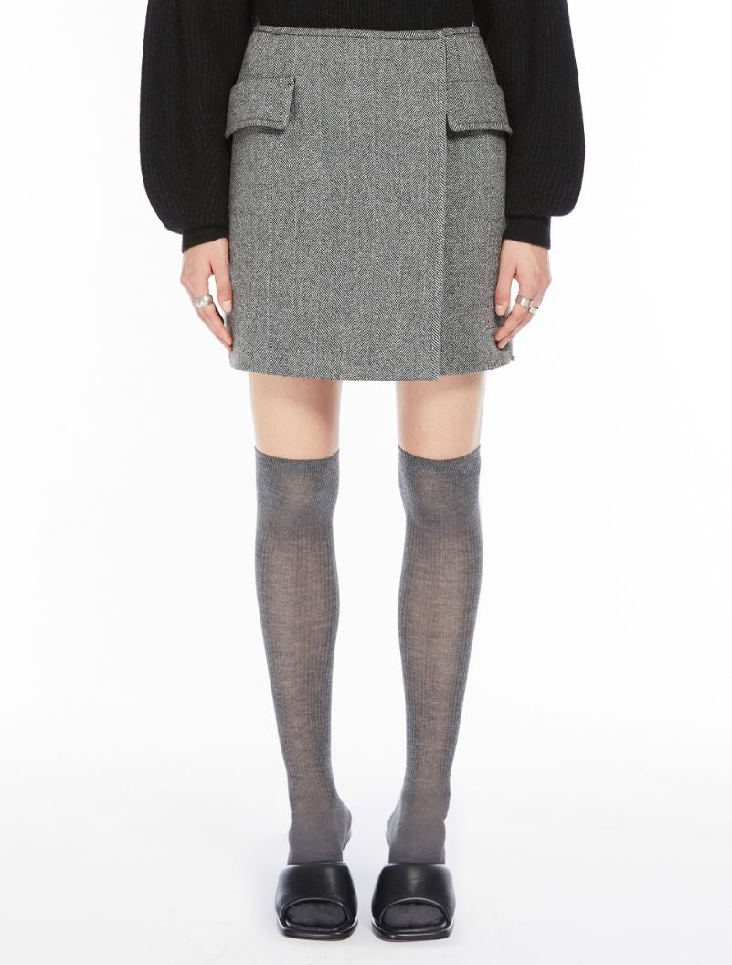 Short Herringbone Wool Wrap Skirt