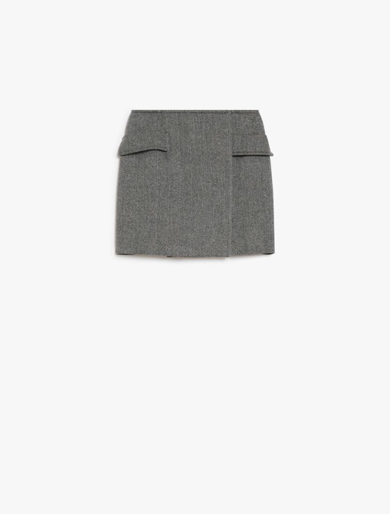 Short Herringbone Wool Wrap Skirt