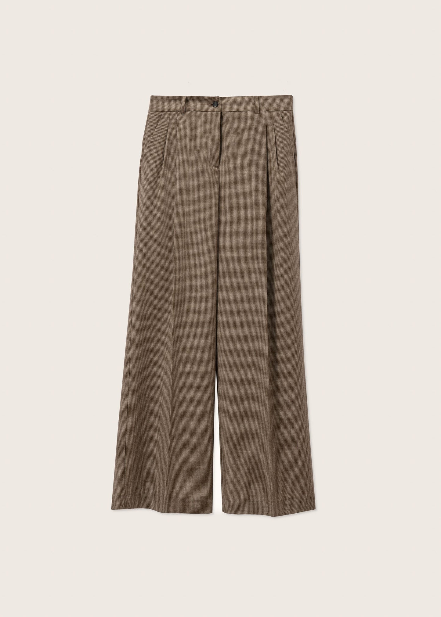 Wide Leg Trousers With Dart Pleats in Check Brown