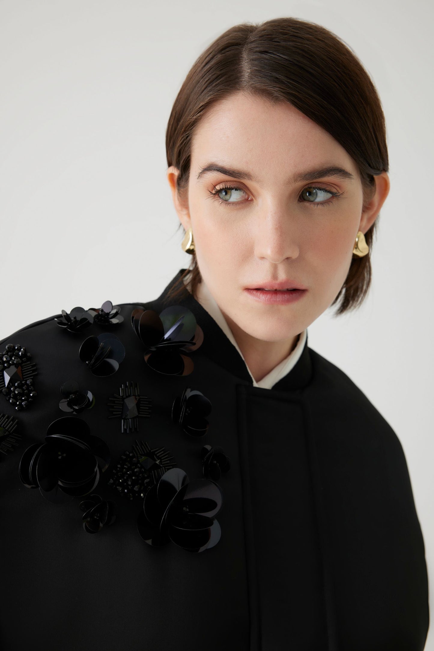 Acadia Black Satin Embellished Bomber Jacket