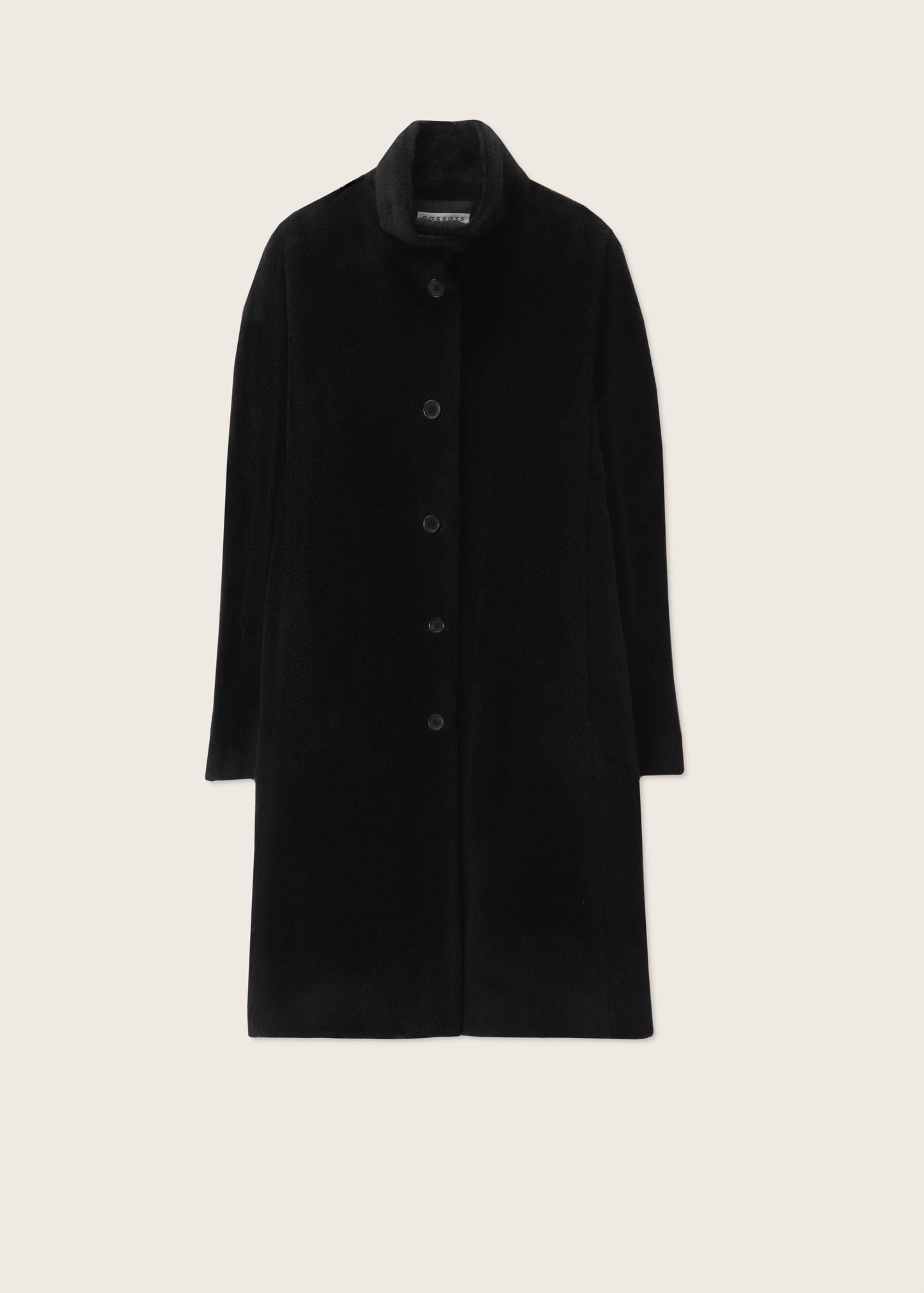 Wool and Alpaca  Single Breasted Black Coat with Stand Up Collar