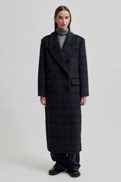 Belize Grey and Navy Check Coat with Flap Pockets