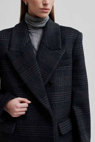 Belize Grey and Navy Check Coat with Flap Pockets