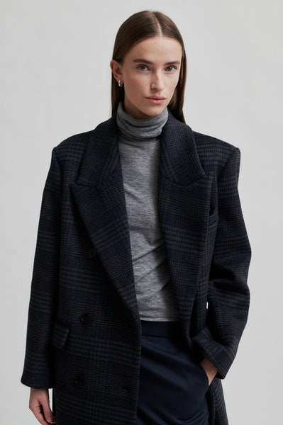 Belize Grey and Navy Check Coat with Flap Pockets