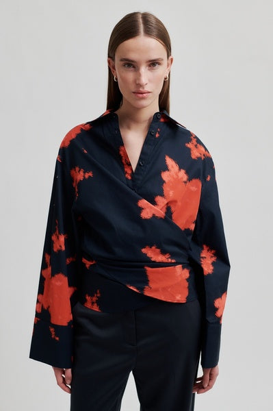 Denza Wrap Shirt in Pureed Pumpkin and Navy Poplin Cotton