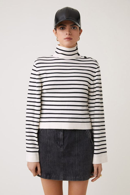 Piriac Striped High Neck Sweater in Black and White Stripes