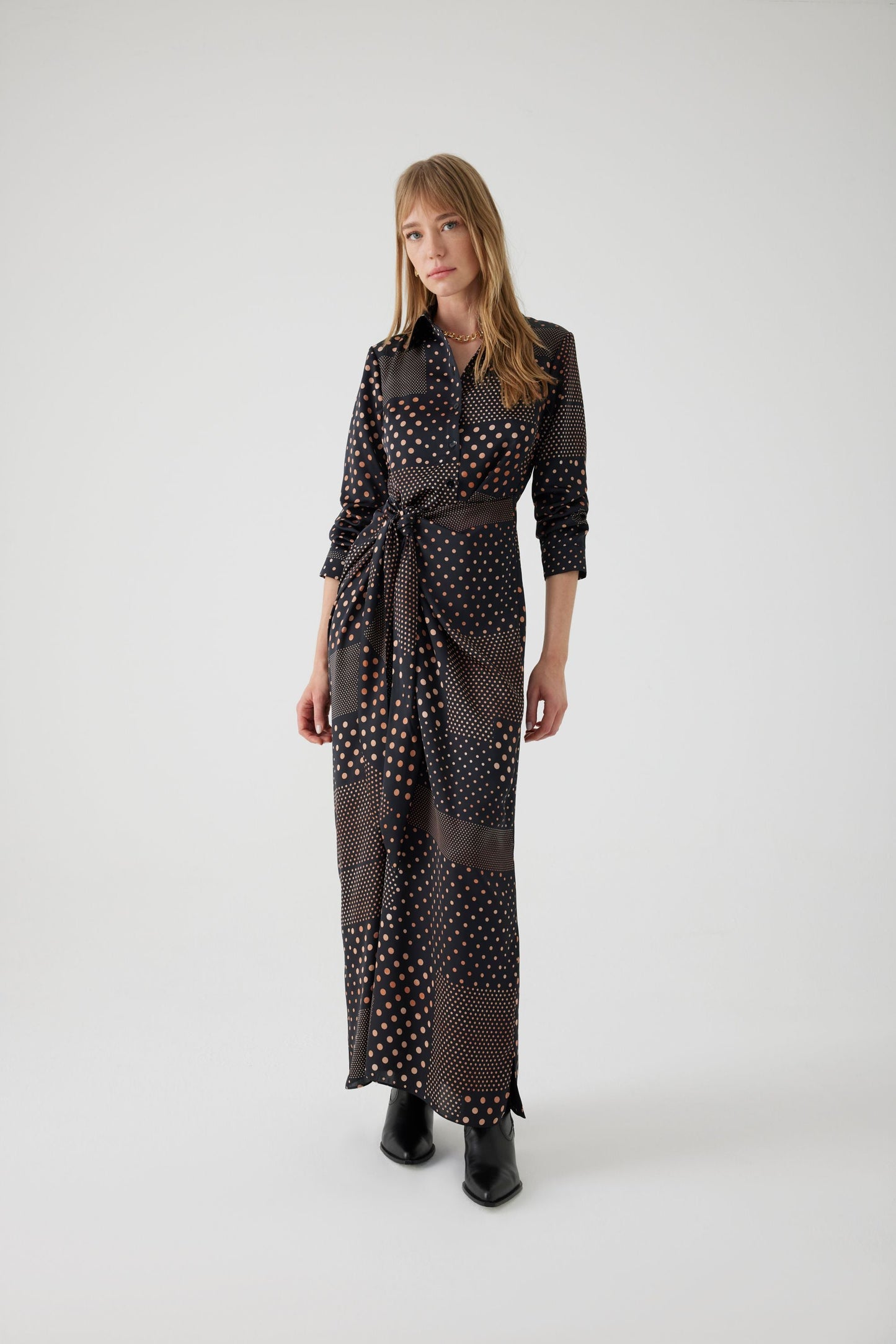 Annis Black and Camel Polka Dot Midi Dress