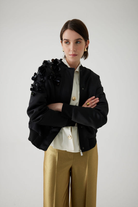 Acadia Black Satin Embellished Bomber Jacket