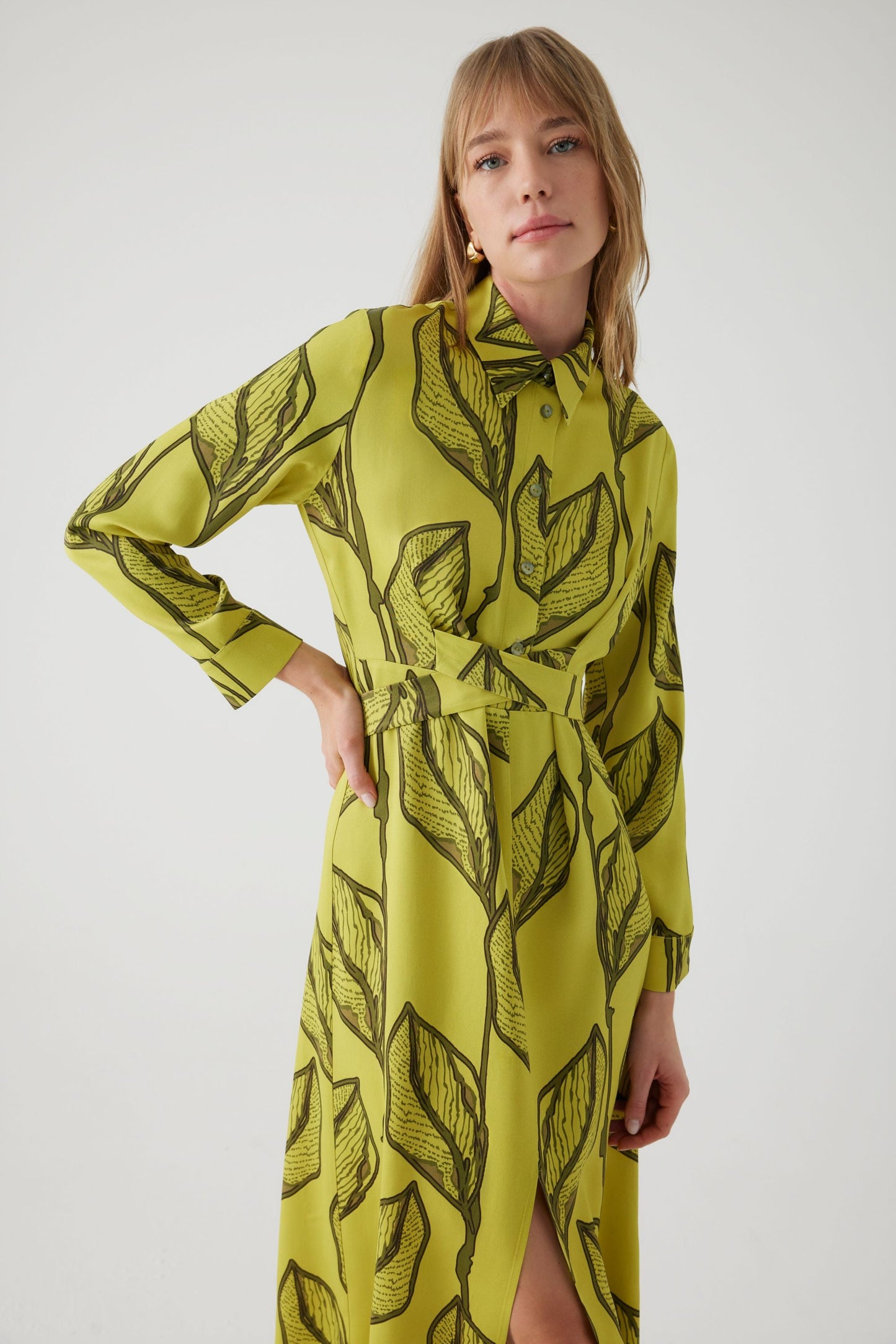 April Lime Dress with Leaf Print and Belt Detail